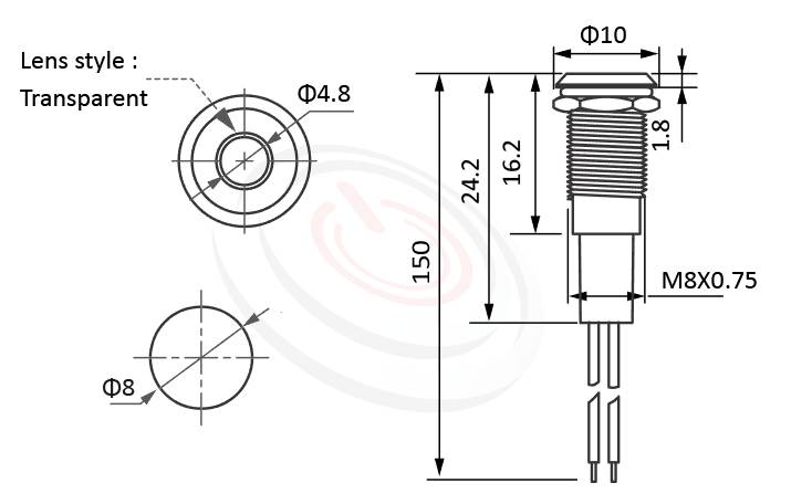 Φ08mm,金屬LED防水指示燈的外型尺寸,ML08-2AL 規格參數: Φ08mm,霧面透明燈罩,金屬訊號燈,標準材質: Stainless steel不鏽鋼、黃銅、鋁殼。