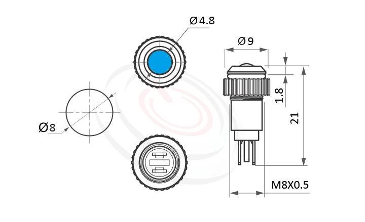 Φ08mm,金屬防水指示燈的外型尺寸,ML08-2AD 規格參數: Φ08mm,高亮度光點,標準材質: 鋁合金、不鏽鋼白鐵、黃銅。