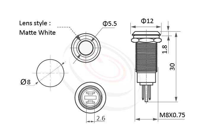 Φ08mm,金屬防水指示燈的外型尺寸,ML08-2AR0J 規格參數: Φ08mm,霧面透光罩,加大發光面積,標準材質: Stainless steel、黃銅、鋁合金。