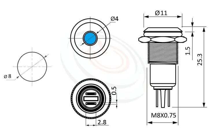Φ08mm,金屬LED防水指示燈的外型尺寸,ML08-2AR 規格參數: Φ08mm,金屬訊號燈,標準材質: Stainless steel、黃銅、鋁合金。