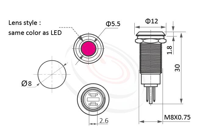 Φ08mm,金屬LED防水指示燈的外型尺寸,ML08-2ARJ 規格參數: Φ08mm,加大發光面積,標準材質: 鋁外殼、陽極處理外殼、不銹鋼金屬殼。