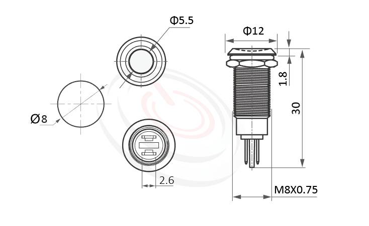 Φ08mm,高強度金屬防水指示燈的外型尺寸,ML08-2AQ 規格參數: Φ08mm,Φ5.5大面積發光,防水指示燈,標準材質: 不鏽鋼、鋁合金。