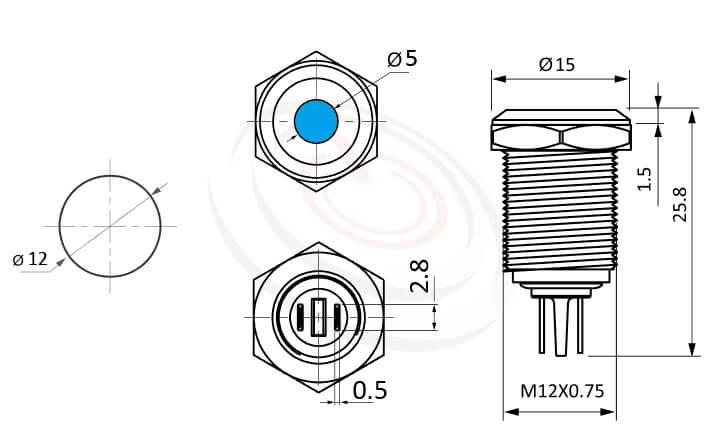 Φ12mm,金屬防水LED燈的外型尺寸,ML12-2AR 規格參數: Φ12mm,防水金屬信號燈,標準材質: 黃銅鍍鎳、白鐵不鏽鋼、鋁合金。