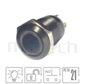 是一款Φ12 開孔,回彈觸發,NO接點,圓型光圈,黑色防水按鈕,小型短款防水開關,型號: MP12-4MFX。規格:孔徑12mm,環狀燈,1NO,SPST,回彈觸發平圓形,氧化黑金屬外殼,小型短柄。