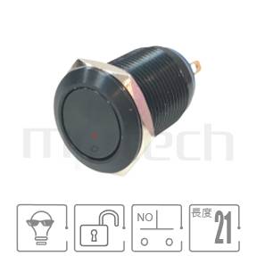金屬開關孔徑12mm,回彈觸發,常開1NO,不帶燈,氧化黑金屬外殼,小型短款金屬按鈕,型號: MP12-2MFX。參數簡述:M12,不帶燈,SPST,自復回彈平柄,黑色防水按鈕,小型短款。