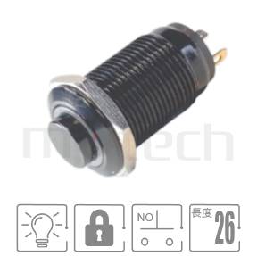 防水帶燈按鈕孔徑12mm,自鎖,SPST,1NO,環狀燈,氧化黑金屬外殼,小型短款防水按鈕,型號: MP12S-4ZHX。規格:孔徑12mm,環形燈,SPST-NO,lock高平圓形,電鍍黑色外殼,小型短款。