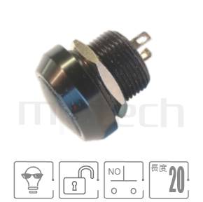 防水開關12mm孔徑,復歸自復位,1NO常開接點,無燈,黑色外殼防水按鈕,小型短款金屬按鈕,型號: MP12R-2MRX。重點規格:Φ12 開孔,無燈,SPST,1NO,瞬切回彈圓頭,黑色金屬外殼,短柄。