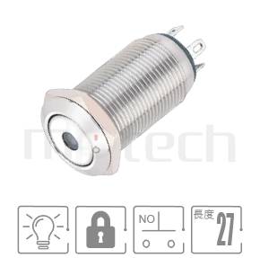 金屬帶燈按鈕Φ12mm開孔,自鎖,SPST,1NO,單點狀燈,短柄,兩段式金屬按鈕,型號: MP12-4ZA。簡略參數:孔徑12mm,單點形LED,常開接點,兩段式平圓型,小型短款,兩段式。