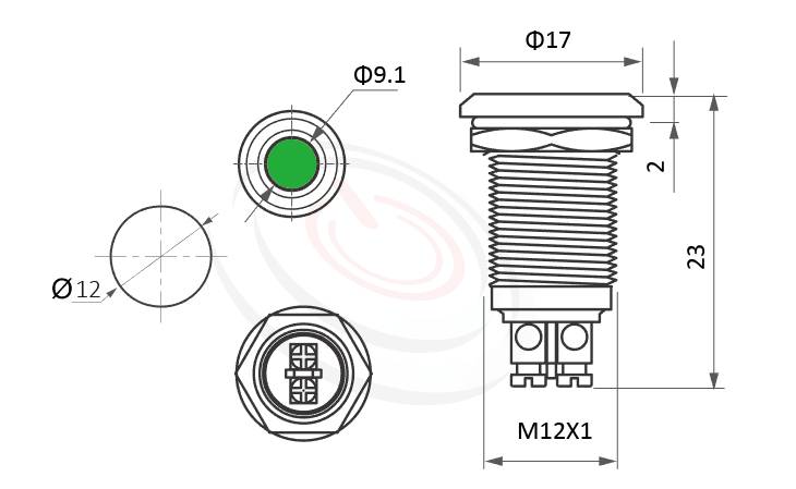 Φ12mm,金屬防水LED燈的外型尺寸,ML12-2ARLJ 規格參數: Φ12mm,螺絲接線腳,標準材質: 黃銅、鋁合金、白鐵不銹鋼。