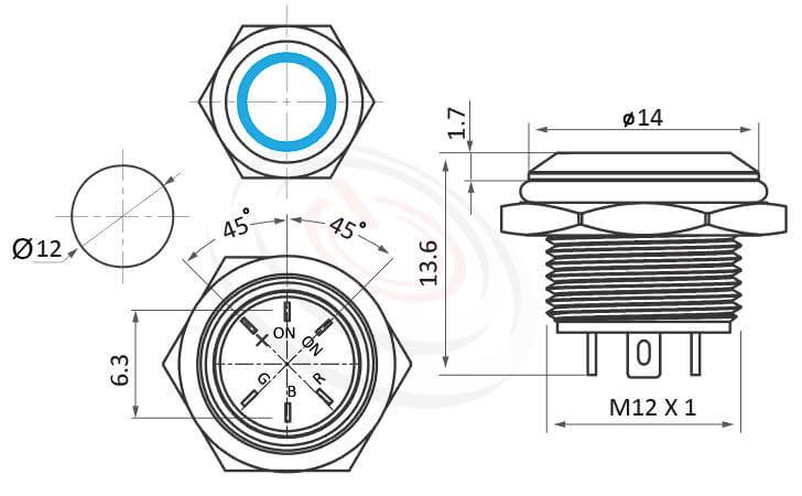 防水按鈕開關Φ12mm薄型、雙色RG、RB、平柄、圓型光圈、復歸自復位、常開1NO、Ring illuminated金屬帶燈開關的外型尺寸。鉑達型號: MP12T-5MF