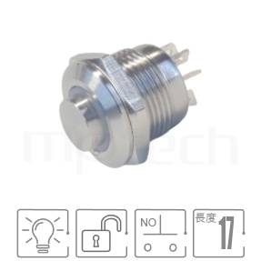 防水帶燈開關孔徑12mm,復位無段,SPST,環型LED,超短款,高柄防水開關,型號: MP12T-4MH。規格:孔徑12mm,Ring illuminated,1NO常開接點,復位無段高平圓形,極短款,凸柄。