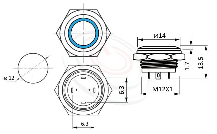 防水帶燈按鈕Φ12mm扁型、圓型光圈、平型、Ring illuminated、無鎖復歸、SPST、圓型燈金屬帶燈開關的外型尺寸。鉑達型號: MP12T-4MF