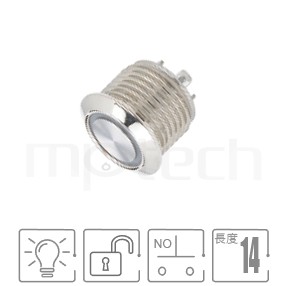 防水帶燈按鈕孔徑12mm,自動復歸,1NO,SPST,Ring,超短款,圓型燈防水開關,型號: MP12T-4MF。簡略規格:孔徑12mm,Ring,常開1NO,自復回彈平形,超薄型,Ring illuminated。