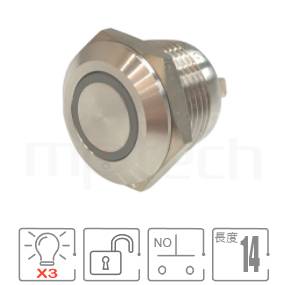 防水LED按鍵孔徑Φ12mm,無段復位,SPST-NO,Ring illuminated,迷你型,紅藍綠3-color LED,共陰極、共陽極接線防水開關,型號: MP12T-6MFRGB。簡略參數:開孔Φ12mm,Ring illuminated,SPST,自動復歸平形,低矮型,三色LED燈,共陰極、共陽極接線。