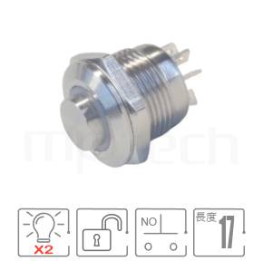 防水LED按鍵Φ12mm開孔,復歸自復位,NO接點,環型LED,超短款,雙色RG、RB金屬開關,型號: MP12T-5MH。規格:Φ12 開孔,圓型光圈,SPST-NO,自復回彈高平面,薄型,雙色LED。