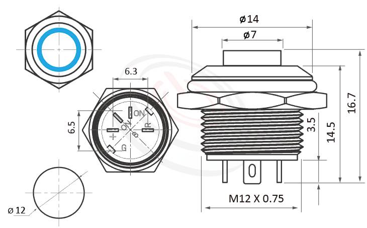 金屬帶燈按鈕Φ12mm超薄型、高平圓形、凸柄、環型燈、瞬切回彈、1NO,SPST、Ring Illuminated帶燈防水開關的外型尺寸。鉑達型號: MP12T-4MH