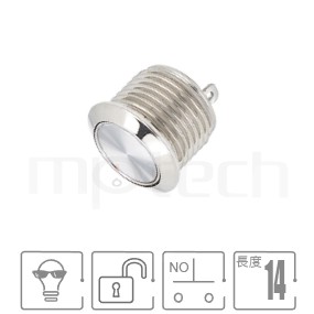 防水按鍵孔徑Φ12mm,復位無段,1NO常開接點,不帶燈,超短款,短款防水按鈕,型號: MP12T-2MF。簡略規格:孔徑Φ12mm,無燈,NO接點,無鎖復位平形,扁型,小型短款。