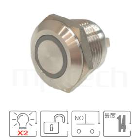 防水帶燈按鈕孔徑12mm,回彈觸發,常開接點,Ring illuminated,薄型,雙色-紅藍、紅綠防水開關,型號: MP12T-5MF。重點規格:孔徑Φ12mm,超短款,環型LED,SPST,無鎖復位平圓型,雙色-紅藍、紅綠。