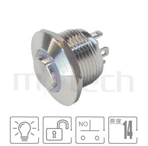防水金屬開關孔徑12mm,無鎖復位,一組A接點,Ring illuminated,迷你型,高圓形防水開關,型號: MP12K-4MH。參數提要:開孔Φ12mm,圓型燈,SPST-NO,無鎖復歸高柄,超短款,凸面。