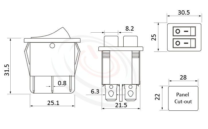 RS-606A-20111LRB 尺寸圖, 面板尺寸30x25mm,翹板開關Rocker Switch ,16A 250VAC,ON-OFF ,DPST,2P1T
