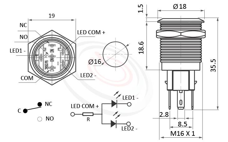 帶燈防水開關Φ16mm雙色LED、Ring、平柄、Ring Illuminated、無鎖復歸、1NO1NC1COM、Ring Illuminated防水LED按鍵的外型尺寸。鉑達型號: MP16-6MF