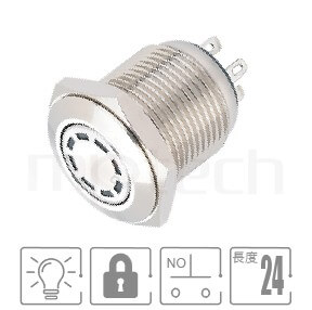 金屬帶燈開關M16,兩段式,1NO,多點環型燈,小型短款,有段金屬按鈕,型號: MP16-4ZS。參數提要:孔徑16mm,環形多點LED,常開接點,自鎖型平柄,短款,兩段式。