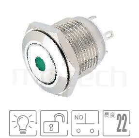 金屬帶燈按鈕孔徑16mm,回彈觸發,SPST,點狀燈,小型短款,無段復位金屬按鈕,型號: MP16-4MA。規格:孔徑Φ16mm,單點型LED,SPST,1NO,復歸自復位平形,短款,無鎖復位。