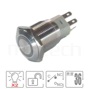 防水帶燈按鈕孔徑16mm,無段復位,1NO1NC1COM,圓型光圈,紅藍、紅綠雙色,圓型燈金屬按鈕,型號: MP16-6MF。重點規格:孔徑16mm,圓型光圈,SPDT,無段復位平柄,雙色LED,環型LED。