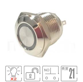 防水金屬開關M16,復歸回彈,1NO,環型LED,雙色LED,短柄短款金屬按鈕,型號: MP16E-5MFRG。簡述規格:孔徑Φ16mm,環型燈,NO接點,無鎖復歸平柄,雙色LED,短款小型。