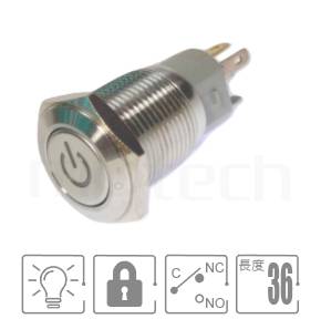 防水LED按鍵孔徑16mm,兩段式,SPDT,POWER符號,自鎖,io符號燈防水按鍵,型號: MP16-5ZP。重點參數:孔徑16mm,power logo,1NO1NC1COM,兩段式平柄,自鎖,電源符號。