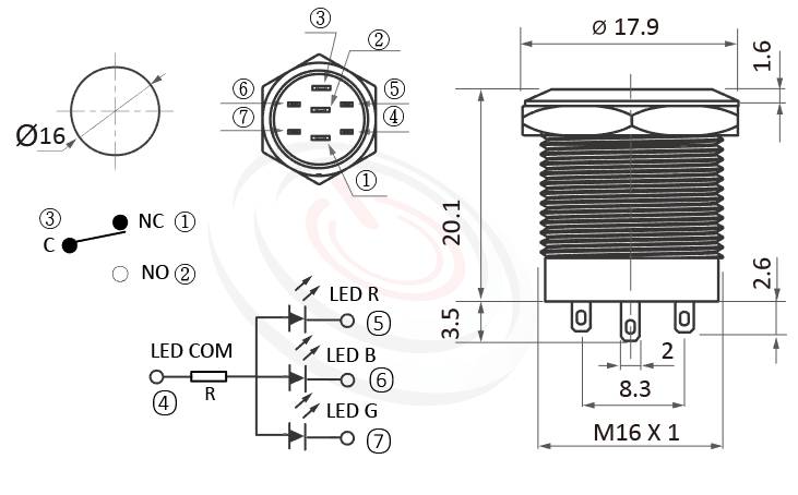 防水帶燈開關Φ16mm短款、RGB三色LED,共陽極/共陰極兩種接線、平圓形、環型燈、復歸回彈、1NO1NC1COM、Ring illuminated帶燈防水開關的外型尺寸。鉑達型號: MP16S-7MFRGB