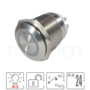 防水帶燈按鍵孔徑Φ16mm,無鎖復位,1NO1NC1COM,環型燈,短柄,三色藍綠紅RGB,預設為共陽極防水按鈕,型號: MP16S-7MFRGB。重點規格:Φ16mm開孔,環型LED,SPDT,復歸自復位平柄,短款小型,三色RGB LED,預設為共陽極接線。