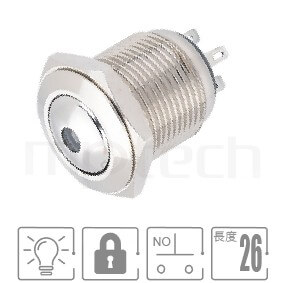 金屬帶燈按鈕Φ16mm開孔,兩段式,常開1NO,單點形LED,小型短柄,lock金屬按鈕,型號: MP16-4ZD。參數提要:Φ16 開孔,單點燈,1NO,SPST,自保持圓頭,小型短款,有段。