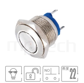 金屬開關孔徑16mm,無段復位,1NO常開接點,不帶燈,小型短款,復位無段防水按鈕,型號: MP16-2MF。參數提要:16mm孔徑,不帶燈,一組A接點,復歸自復位平柄,短款小型,無鎖復位。