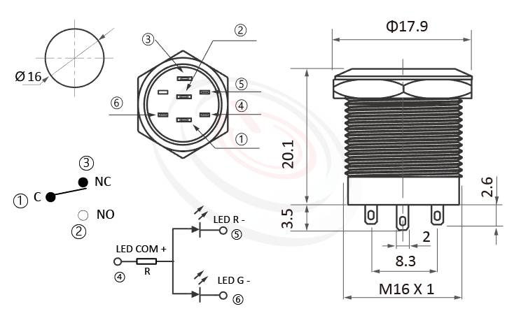 防水帶燈按鍵Φ16mm短款小型、雙色變化、平柄、Ring、自鎖、1NO1NC1COM、圓型光圈帶燈防水開關的外型尺寸。鉑達型號: MP16S-6ZFRG