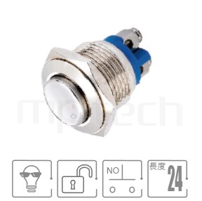 金屬開關16mm孔徑,自復回彈,一組A接點,不帶燈,接線柱,高圓形金屬按鈕,型號: MP16-2MKL。參數提要:16mm孔徑,無燈,常開1NO,自復回彈凸柄,螺絲接線,高柄。