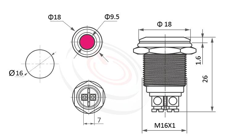 Φ16mm,金屬LED防水指示燈的外型尺寸,ML16-2ARLJ 規格參數: Φ16mm,螺絲腳,防水訊號燈,標準材質: 不鏽鋼Stainless steel、金屬外殼。