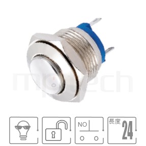 防水按鍵孔徑16mm,復歸自復位,SPST-NO,無燈,小型短款,凸柄防水開關,型號: MP16-2MK。規格:16mm孔徑,無燈,1NO,SPST,自動復歸高平圓形,小型短款,高圓形。