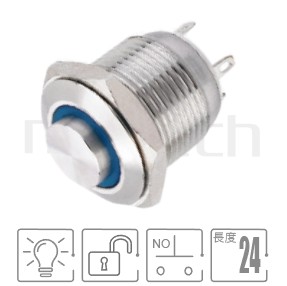 帶燈防水開關孔徑16mm,復歸自復位,1NO常開接點,圓型光圈,短款,凸面防水按鈕,型號: MP16-4MH。規格簡介:Φ16mm開孔,Ring illuminated,SPST,復位無段高柄,短柄,凸面。