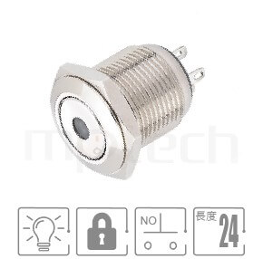帶燈防水開關孔徑16mm,帶鎖,一組A接點,單點狀燈,短柄,交替式金屬按鈕,型號: MP16-4ZA。參數簡述:孔徑16mm,單點燈,NO接點,lock平型,小型短款,自鎖型。