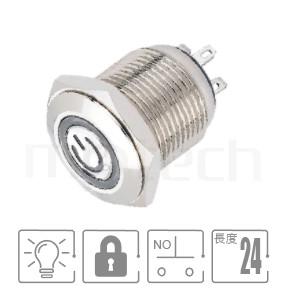 金屬帶燈開關16mm孔徑,有段,1NO常開接點,啟動符號,短柄短款,兩段式金屬開關,型號: MP16-4ZQ。規格參數:孔徑16mm,電源啟動符號,一組A接點,有段平型,短柄短款,有段。