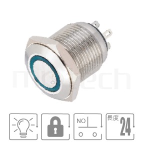 防水帶燈按鈕開孔Φ16mm,自鎖,SPST-NO,環形燈,小型短款,交替式防水按鍵,型號: MP16-4ZF。簡略參數:Φ16mm開孔,環型燈,SPST,1NO,兩段式平柄,小型短款,帶鎖。