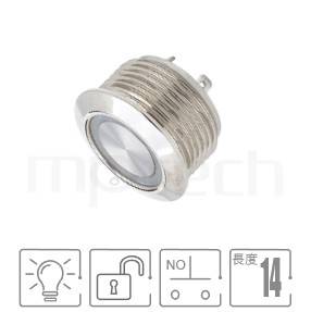 金屬帶燈開關Φ16mm開孔,無段復位,一組A接點,環狀燈,超短款,環型LED防水開關,型號: MP16T-4MF。重點規格:M16,環型LED,一組A接點,無段復位平面,超薄型,圓型燈。