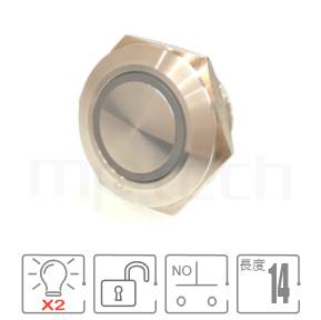 防水帶燈按鍵孔徑16mm,無鎖復位,SPST,1NO,Ring,超短柄,雙色LED防水按鈕,型號: MP16T-5MF。規格簡介:16mm孔徑,環形燈,常開1NO,復歸回彈平圓型,超短款,雙色:紅綠、紅藍。