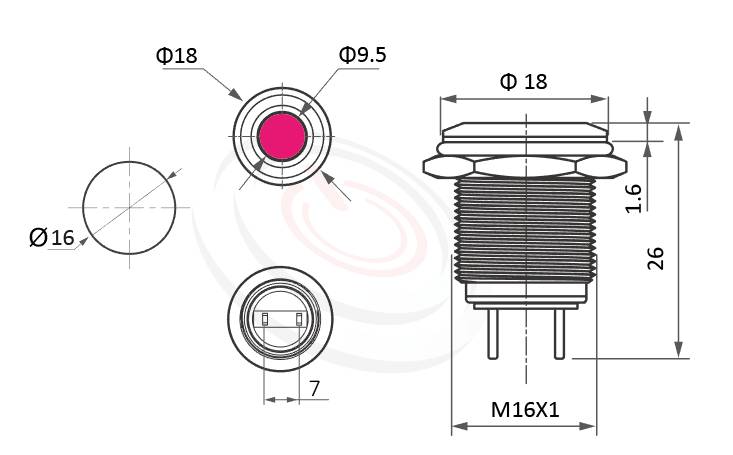 Φ16mm,防水金屬LED指示燈的外型尺寸,ML16-2ARJ 規格參數: Φ16mm,加大發光面積,標準材質: 不鏽鋼Stainless steel、金屬外殼。