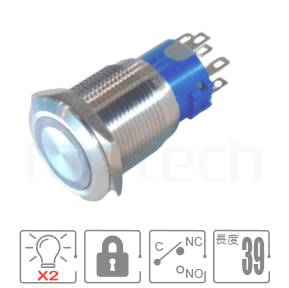 防水帶燈開關孔徑19mm,有鎖,SPDT,Ring,紅綠、紅藍雙色,有段金屬開關,型號: MP19-6ZF。簡略規格:M19,環型LED,SPDT-NO/NC,有段平柄,紅藍、紅綠雙色,自鎖。