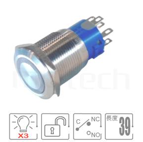 帶燈防水開關19mm孔徑,無鎖復歸,1NO1NC1COM,Ring,三色LED紅藍綠,預設為共陽極接線,復歸自復位金屬按鈕,型號: MP19-7MF。參數提要:孔徑19mm,圓型燈,SPDT-NO/NC,自復回彈平圓形,三色LED紅藍綠,預設為共陽極接線,無段復位。