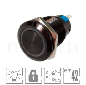 防水帶燈按鍵M19,交替式,1NO1NC1COM,圓型光圈,黑色防水按鈕,自保持防水按鍵,型號: MP19-5ZFX。簡略參數:孔徑Φ19mm,圓型光圈,1NO1NC1COM,自鎖型平形,黑色陽極處理按鈕,自保持。