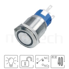 帶燈防水開關孔徑19mm,自復回彈,SPDT-NO/NC,圓型光圈,復歸回彈,環型燈防水開關,型號: MP19-5MF。簡略參數:Φ19 開孔,環型燈,1NO1NC1COM,復位無段平型,復位無段,Ring Illuminated。