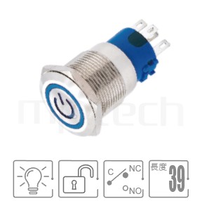 金屬帶燈開關孔徑19mm,自動復歸,SPDT,電源符號+環形,回彈觸發,IO符號加環形燈金屬開關,型號: MP19-5MQ。規格參數:開孔Φ19mm,環形+電源燈,SPDT,回彈觸發平形,無段復位,電源符號加環形燈。